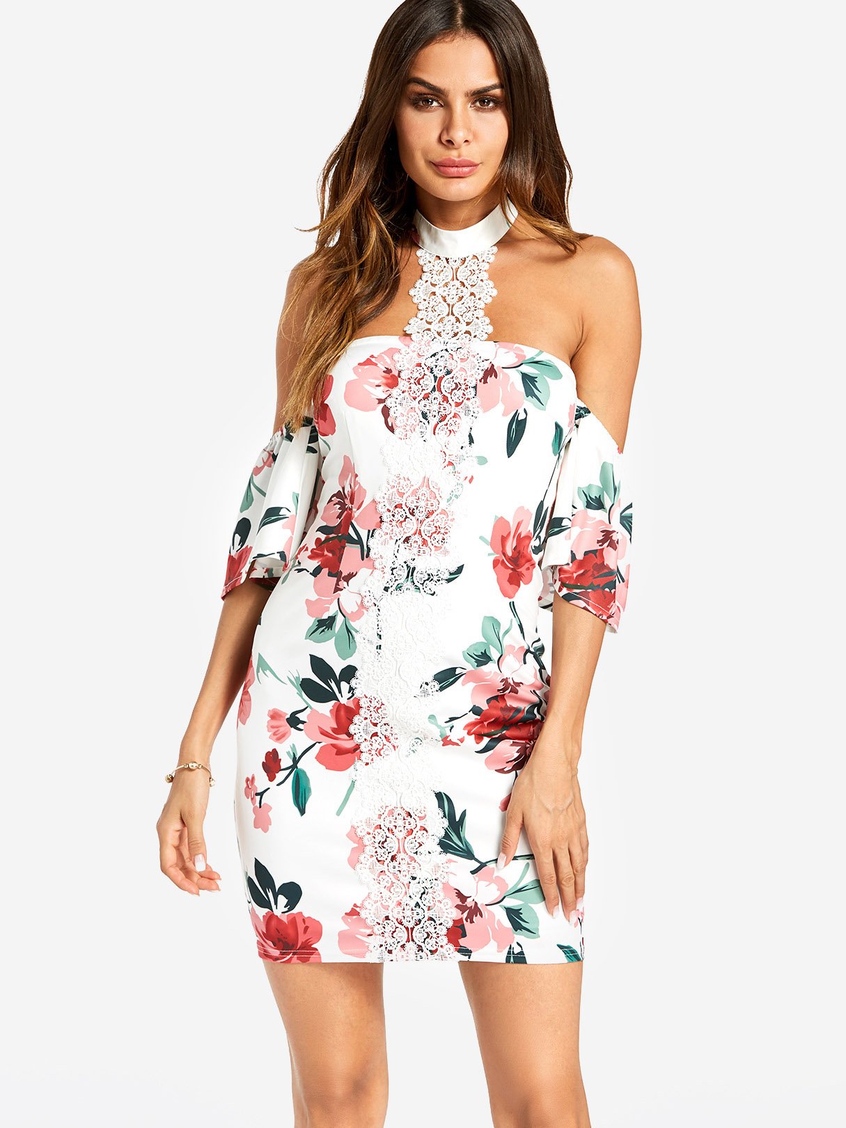 Wholesale White Halter Cold Shoulder Short Sleeve Floral Print Zip Back Backless Lace Insert Dresses