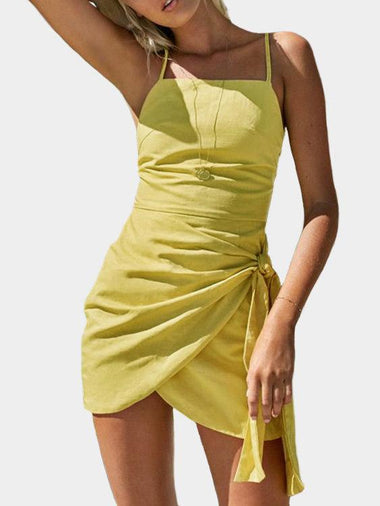 Wholesale Yellow Tuxedo Collar Sleeveless Plain Zip Back Lace-Up Spaghetti Strap Slit Hem Sexy Dress