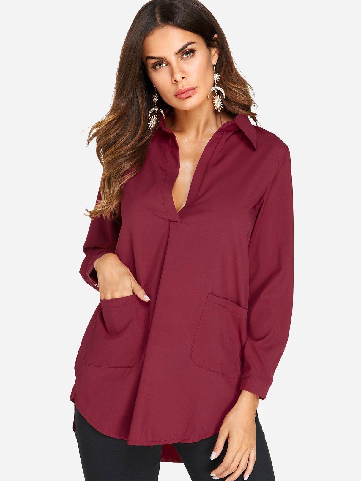 Wholesale Side Pockets Long Sleeve Curved Hem Burgundy T-Shirts