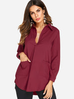 Wholesale Side Pockets Long Sleeve Curved Hem Burgundy T-Shirts