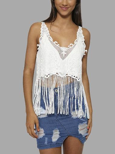 Wholesale V-Neck Tassel Sleeveless Tassel Hem White Camis