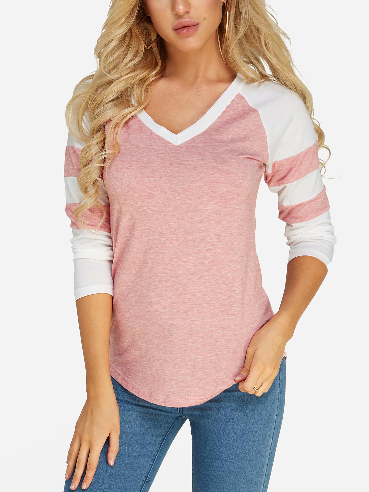 Wholesale V-Neck Plain Long Sleeve Pink T-Shirts
