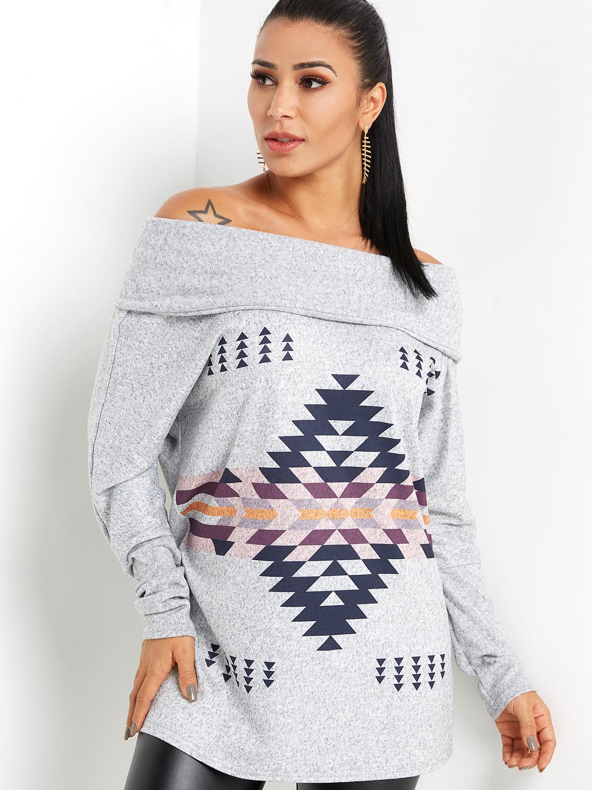 Wholesale Drape Sagging Geometrical Long Sleeve Grey T-Shirts