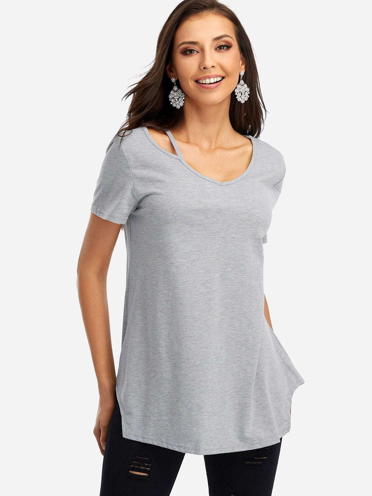 Wholesale V-Neck Asymmetrical Short Sleeve T-Shirts