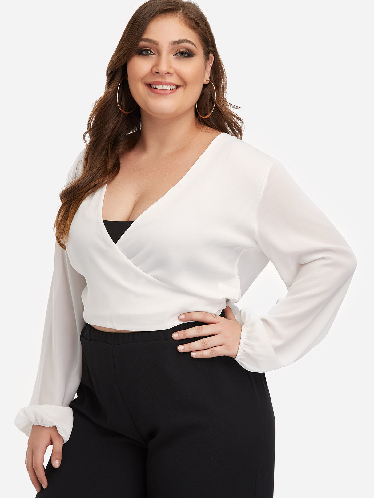 Wholesale V-Neck Plain Self-Tie Wrap Long Sleeve White Plus Size Tops
