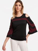 Wholesale Cold Shoulder Stripe 3/4 Sleeve Black Top