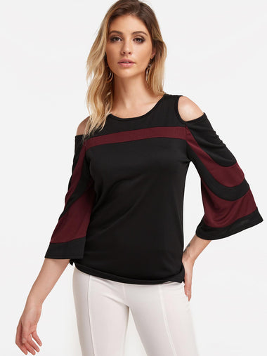 Wholesale Cold Shoulder Stripe 3/4 Sleeve Black Top
