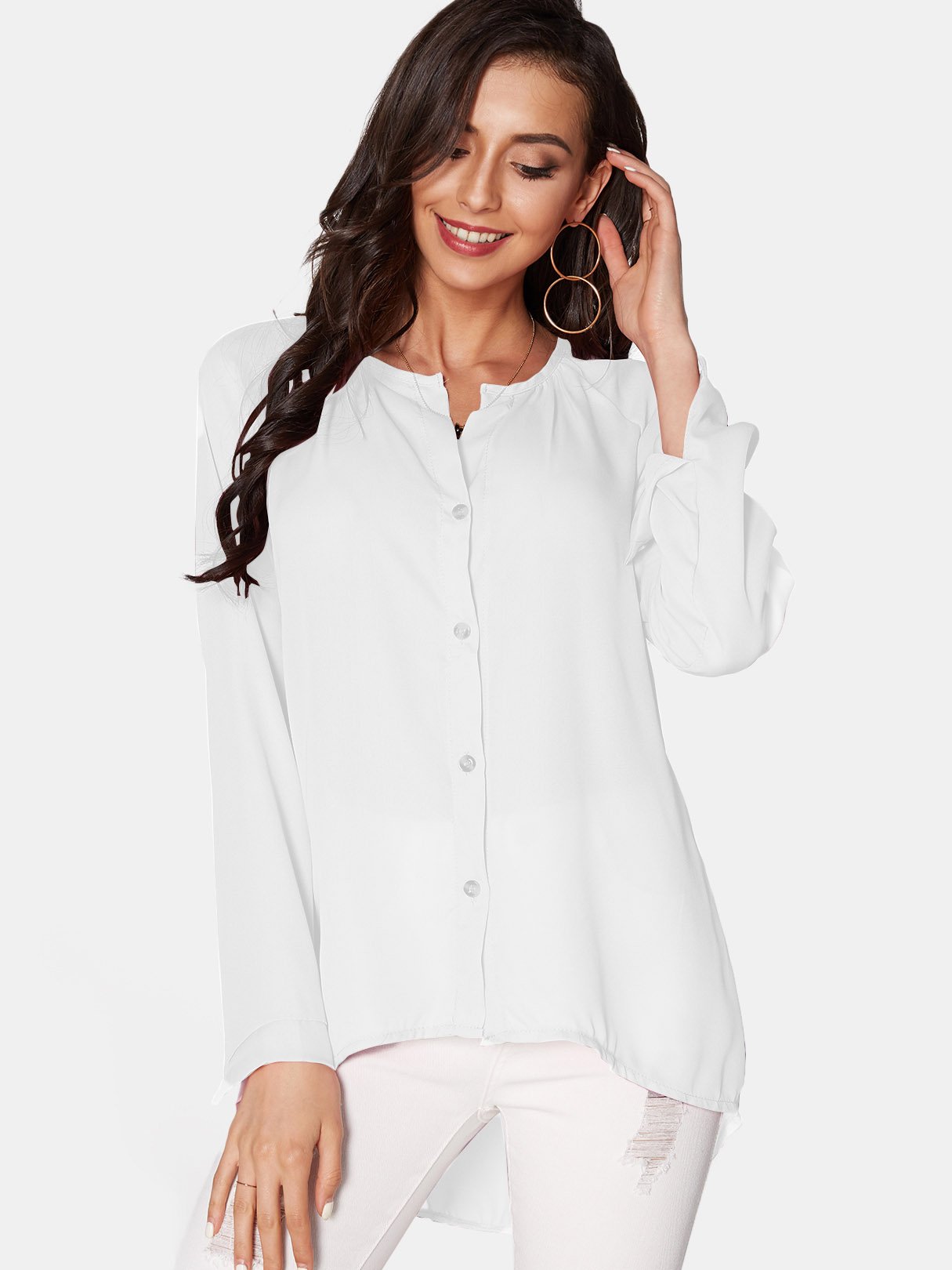 Wholesale V-Neck Long Sleeve Button-Down Chiffon White Blouses