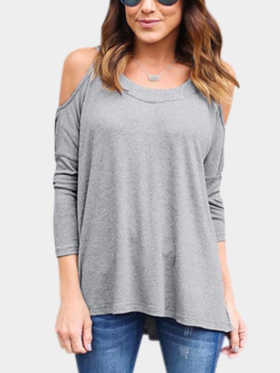 Wholesale Round Neck Cold Shoulder Long Sleeve Grey Top