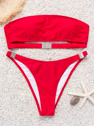 Wholesale Red Off The Shoulder High Waist 2 Piece Bikinis