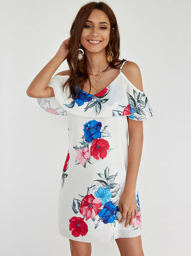 Wholesale White Cold Shoulder Sleeveless Floral Print Spaghetti Strap Dresses