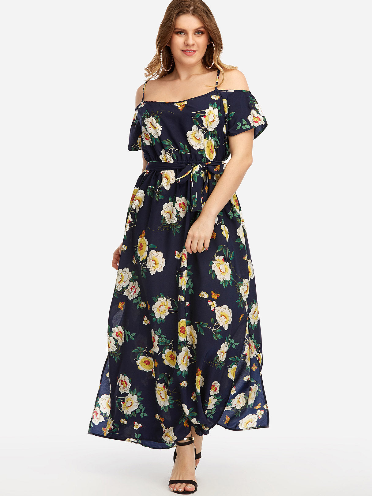 Wholesale V-Neck Cold Shoulder Floral Print Self-Tie Short Sleeve Slit Hem Navy Plus Size Maxi Dresses