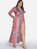 Wholesale Deep V Neck Floral Print Long Sleeve Red Plus Size Maxi Dress