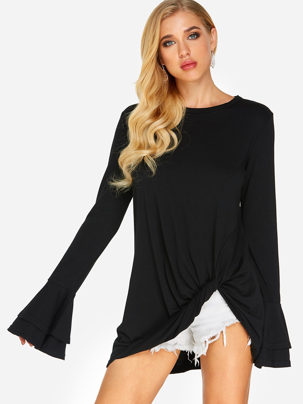 Wholesale Round Neck Plain Long Sleeve Black Top