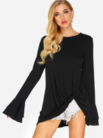 Wholesale Round Neck Plain Long Sleeve Black Top