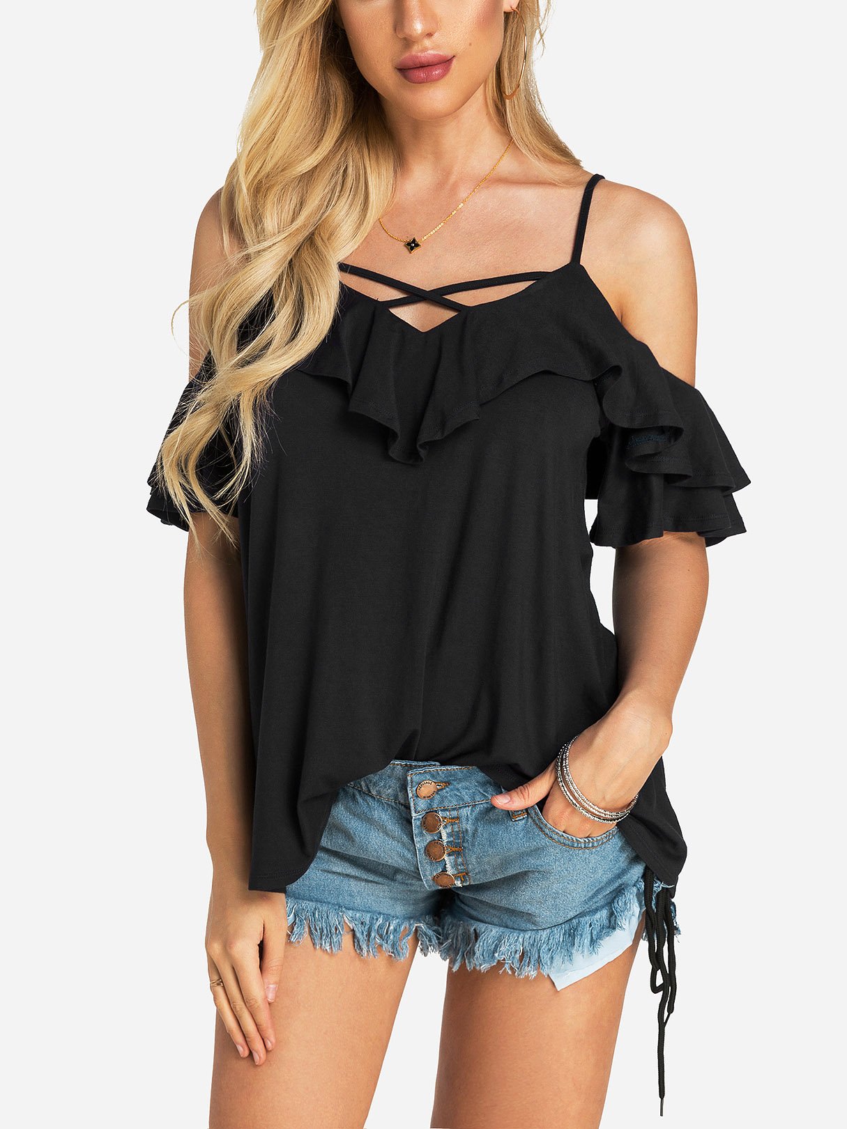 Wholesale V-Neck Cold Shoulder Backless Lace-Up Short Sleeve Black T-Shirts