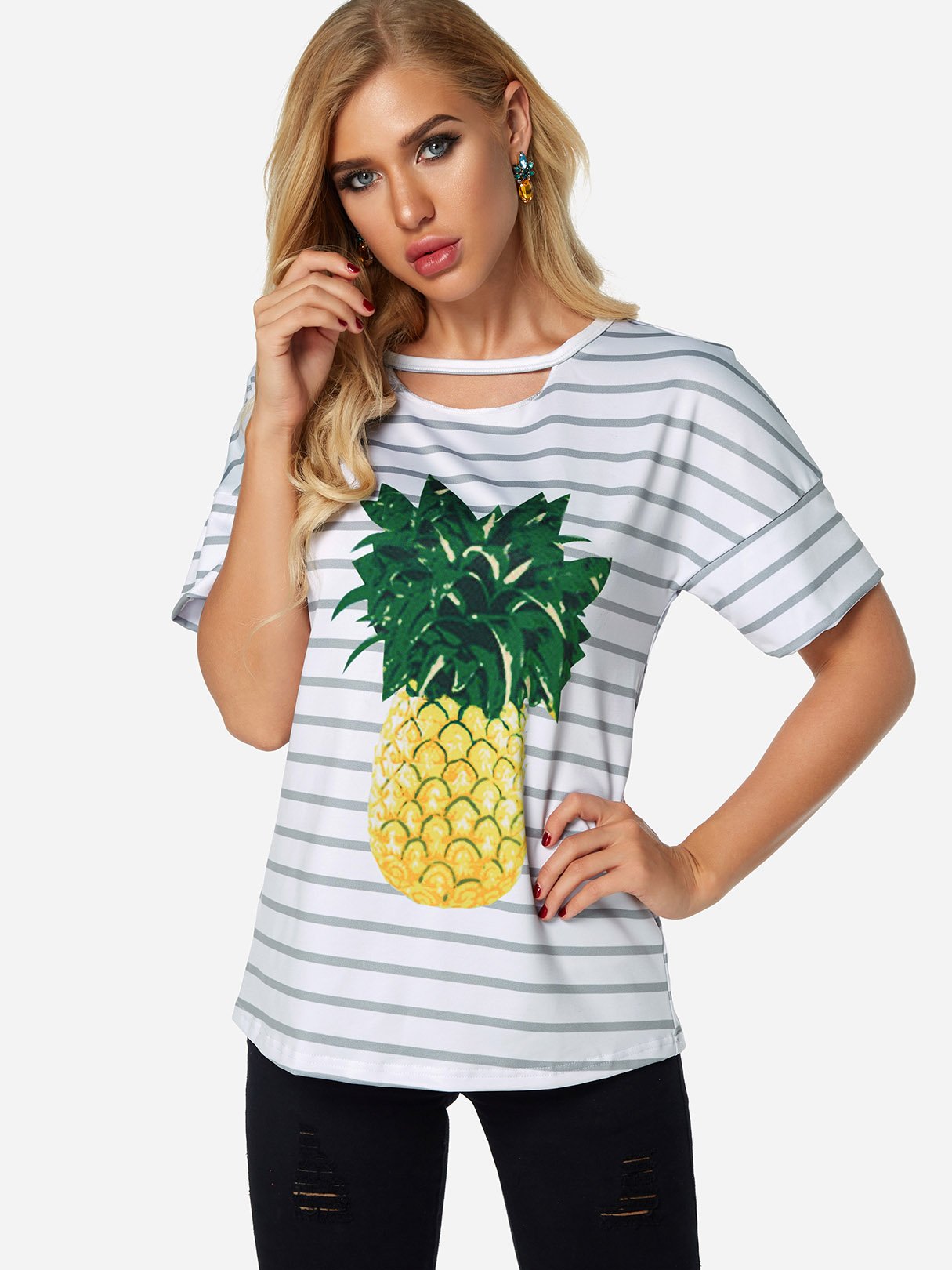 Wholesale Round Neck Stripe Printed Cut Out Short Sleeve White T-Shirts