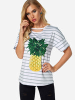Wholesale Round Neck Stripe Printed Cut Out Short Sleeve White T-Shirts