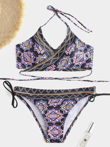 Wholesale V-Neck Sleeveless Floral Print Backless Cross Over Bikini Suit