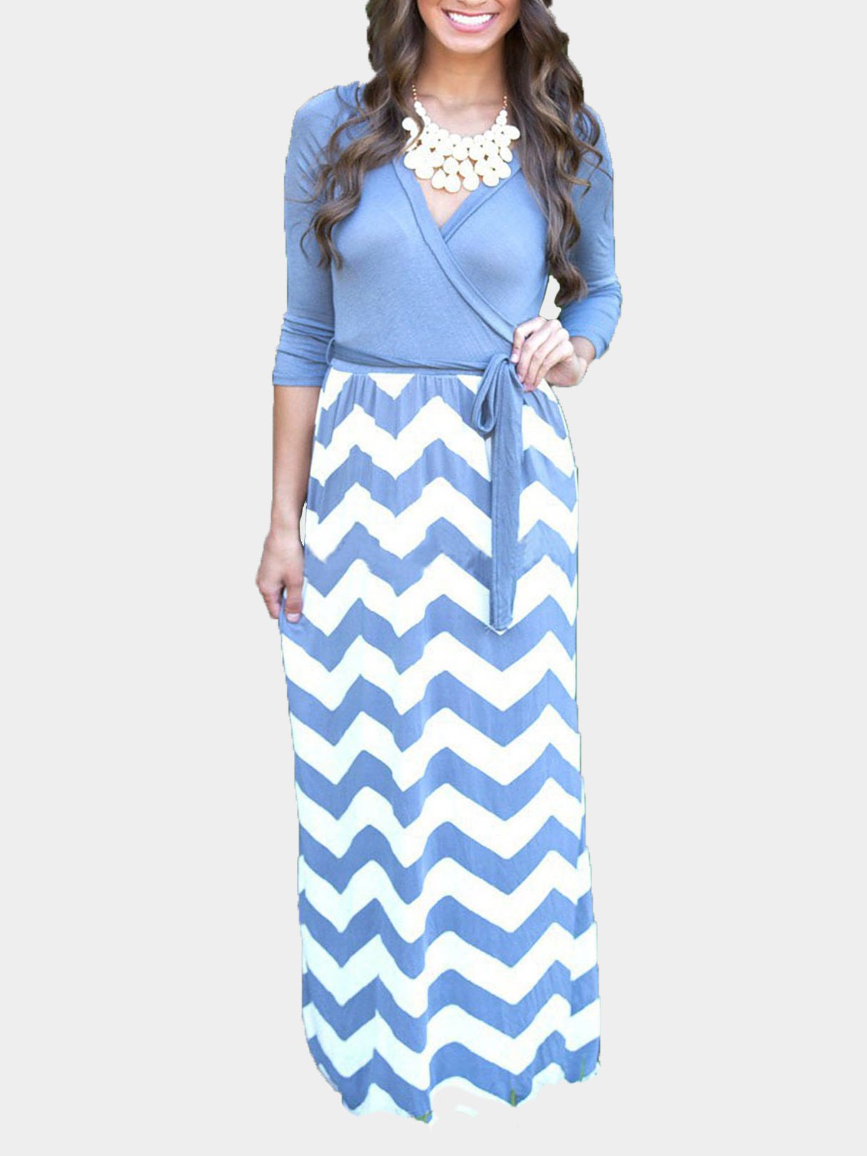 Wholesale V-Neck Stripe Long Sleeve Maxi Dress