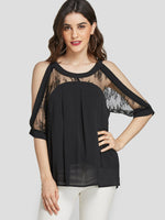 Wholesale Cold Shoulder Sheer Lace Pleated Half Sleeve Black Blouses