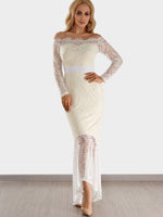 Wholesale White Off The Shoulder Long Sleeve Plain Crochet Lace Embellished Zip Back Backless Hollow Irregular Hem Maxi Dress