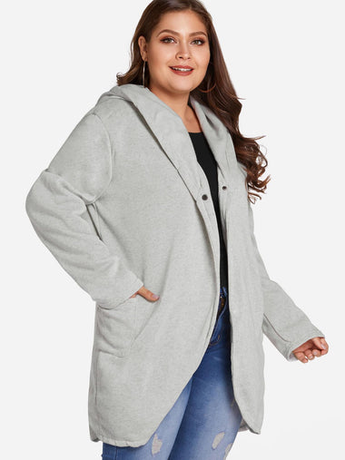 Wholesale Plain Side Pockets Hooded Long Sleeve Light Grey Plus Size Coats & Jackets