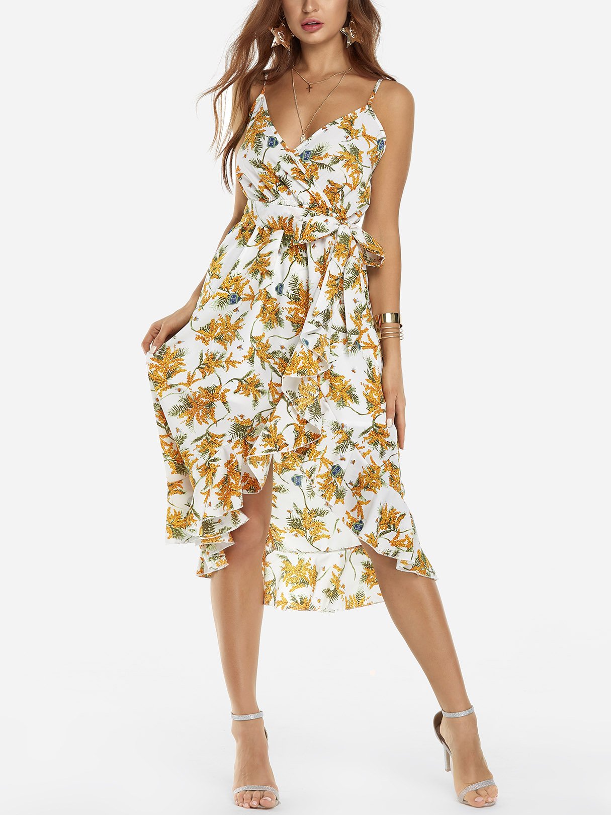 Wholesale White V-Neck Sleeveless Floral Print Backless Lace-Up Spaghetti Strap Irregular Hem High-Waisted Mini Dress