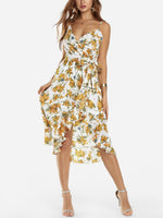 Wholesale White V-Neck Sleeveless Floral Print Backless Lace-Up Spaghetti Strap Irregular Hem High-Waisted Mini Dress