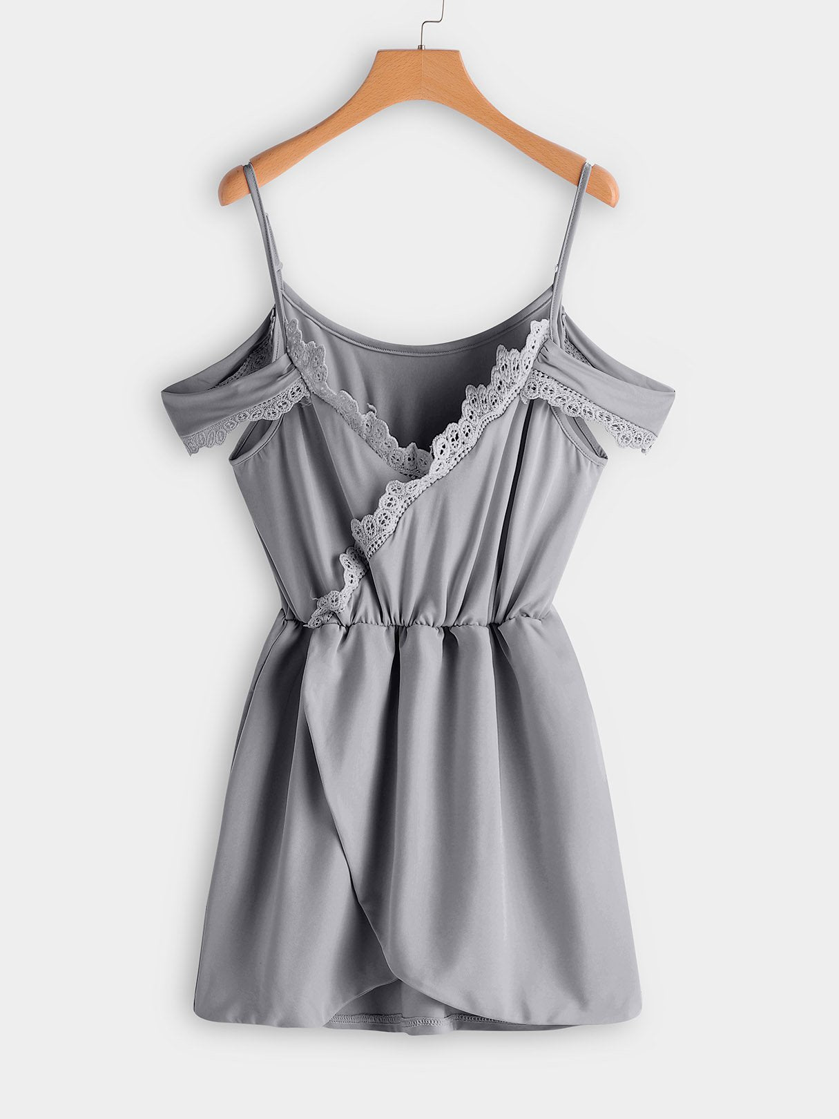 Wholesale V-Neck Plain Lace Crossed Front Wrap Short Sleeve Grey Dresses