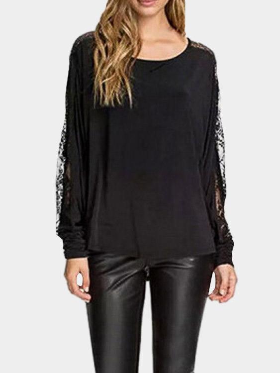 Wholesale Round Neck Lace Long Sleeve Black Tee