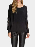 Wholesale Round Neck Lace Long Sleeve Black Tee