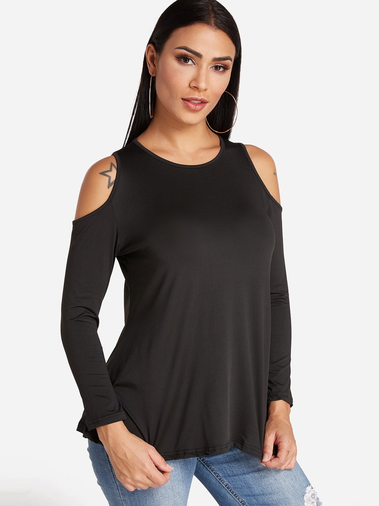 Wholesale Round Neck Cold Shoulder Plain Cut Out Long Sleeve T-Shirts