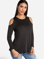 Wholesale Round Neck Cold Shoulder Plain Cut Out Long Sleeve T-Shirts