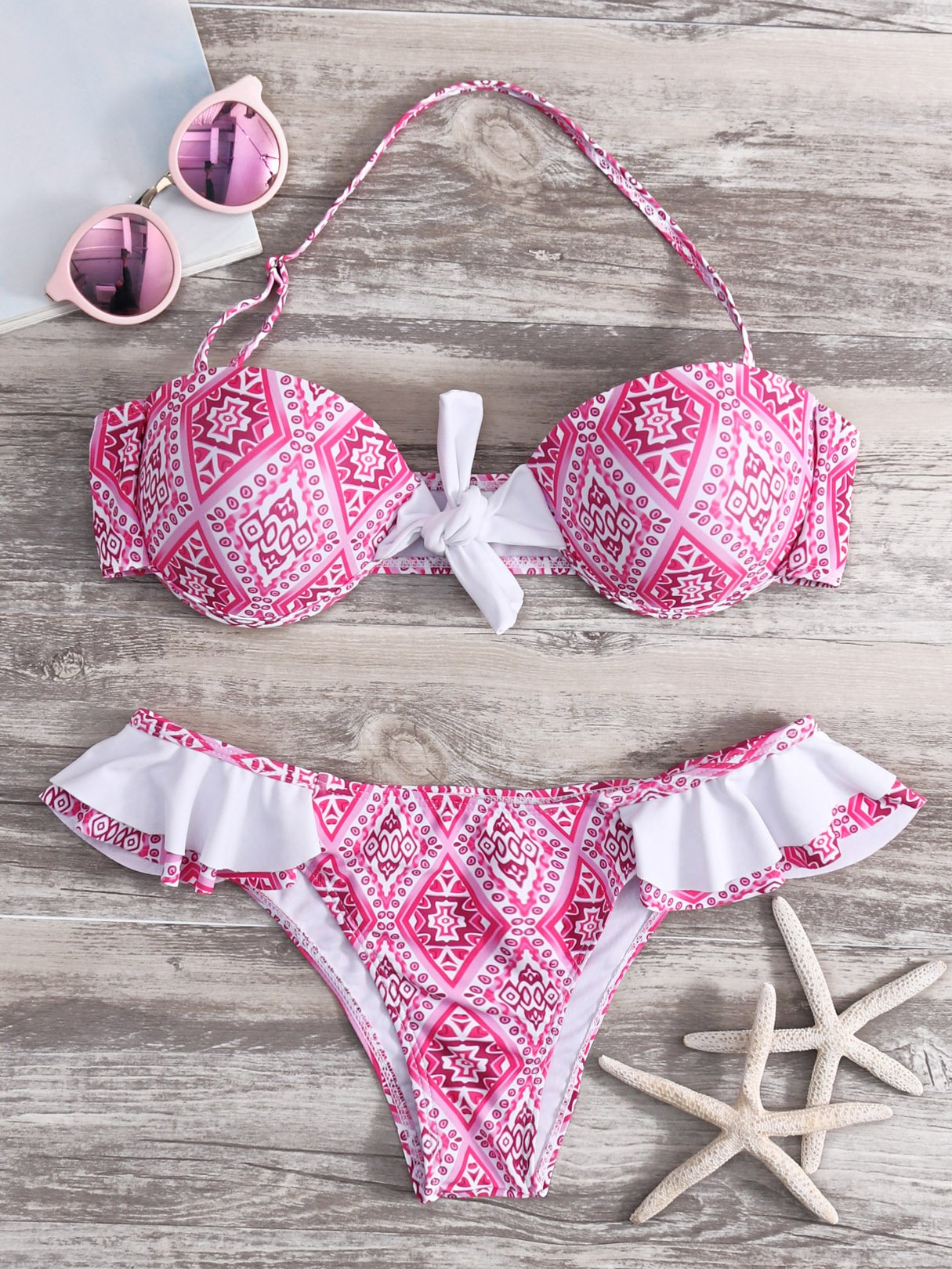Wholesale Pink Halter Printed Self-Tie Ruffle Trim Two Piece Bikinis