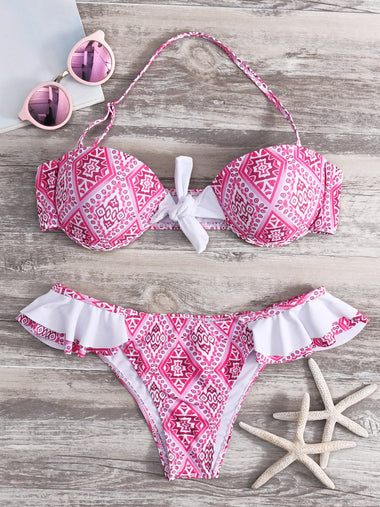 Wholesale Pink Halter Printed Self-Tie Ruffle Trim Two Piece Bikinis