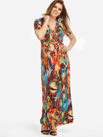 Wholesale V-Neck Self-Tie Short Sleeve Plus Size Maxi Dress