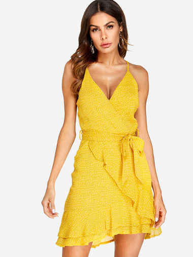 Wholesale Yellow V-Neck Sleeveless Polka Dot Zip Back Backless Belt Self-Tie Wrap Flounced Hem Dresses