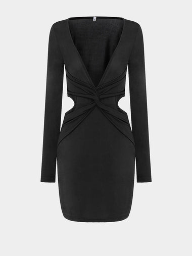 Wholesale Black V-Neck Long Sleeve Cut Out Bodycon Hem Mini Dress