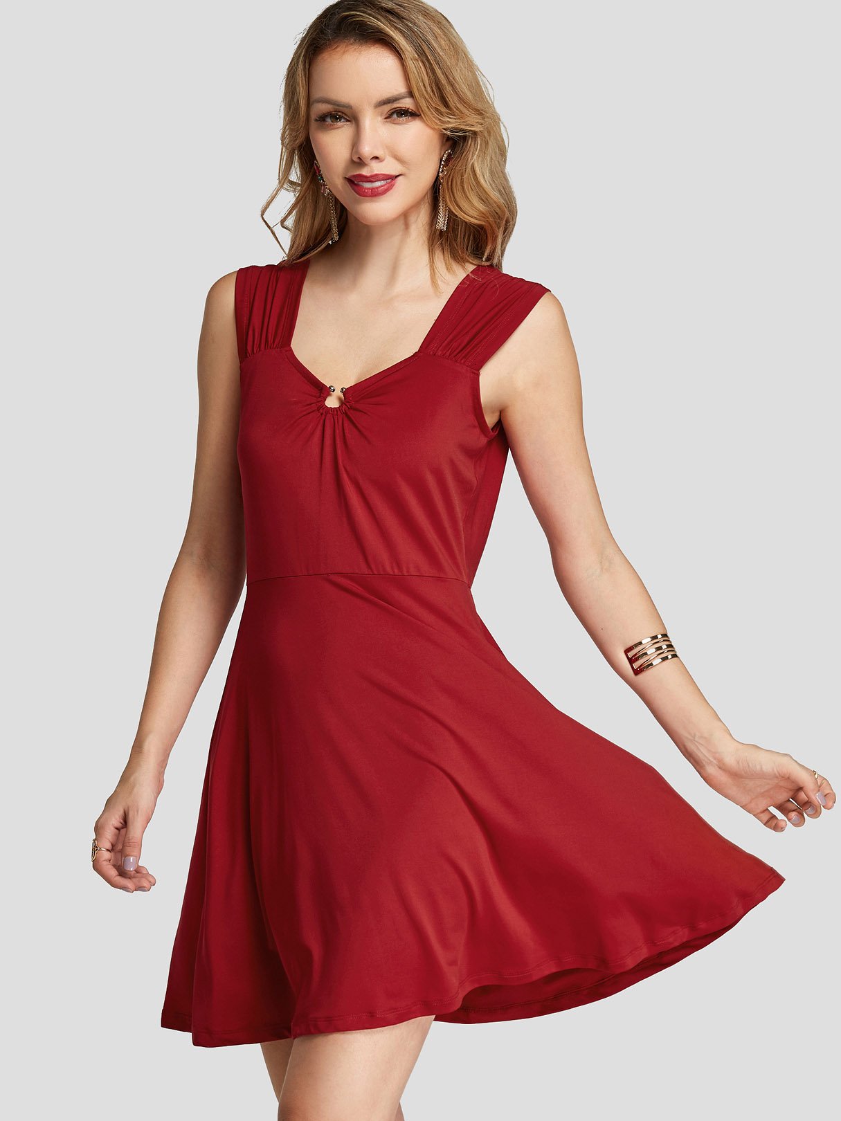 Wholesale Red Bateau Sleeveless Plain Wrap Ruffle Hem Casual Dress
