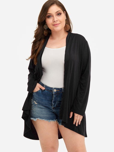 Wholesale Plain Long Sleeve Curved Hem Black Plus Size Coats & Jackets