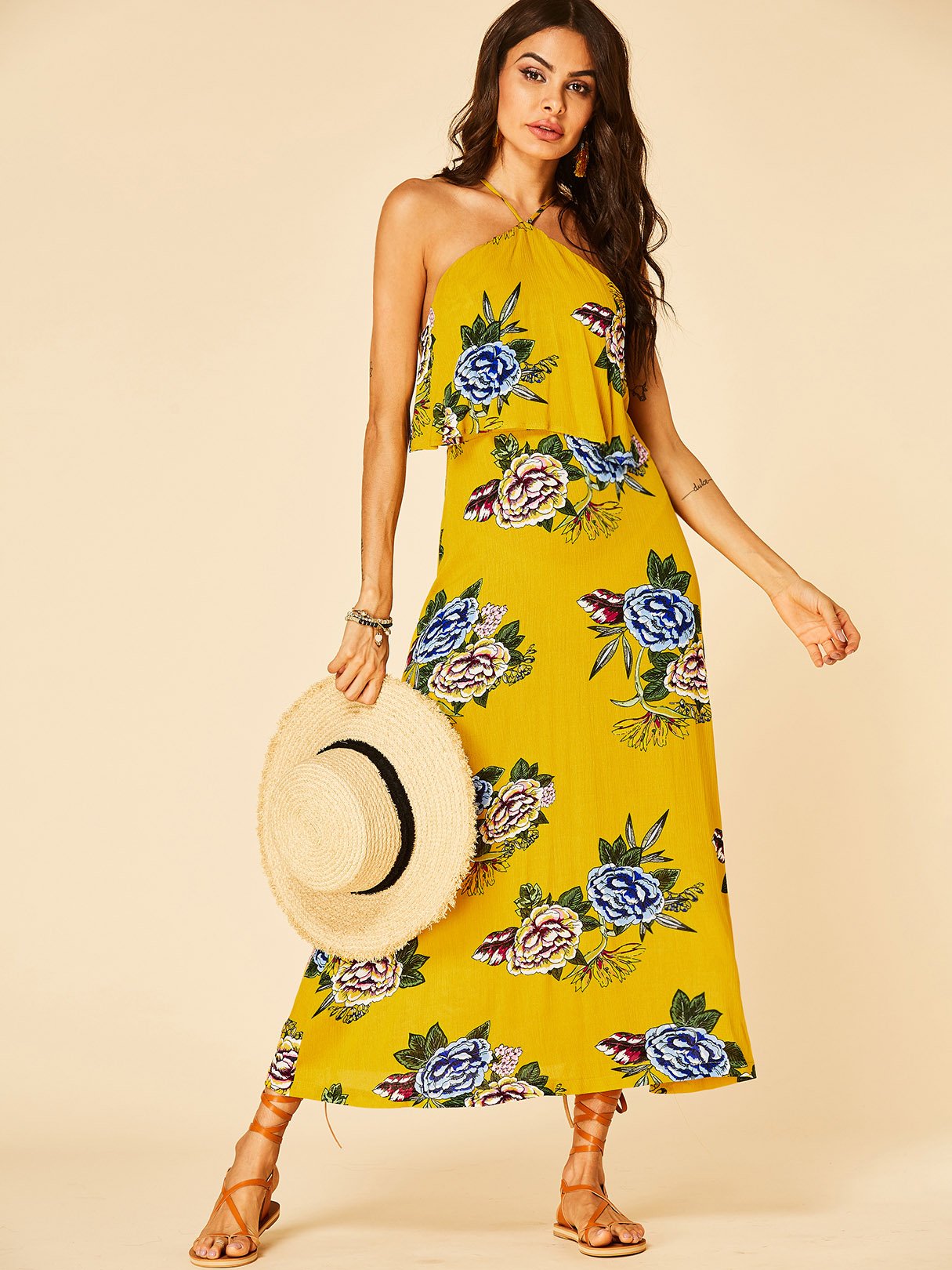 NEW FEELING Womens Yellow Floral Dresses