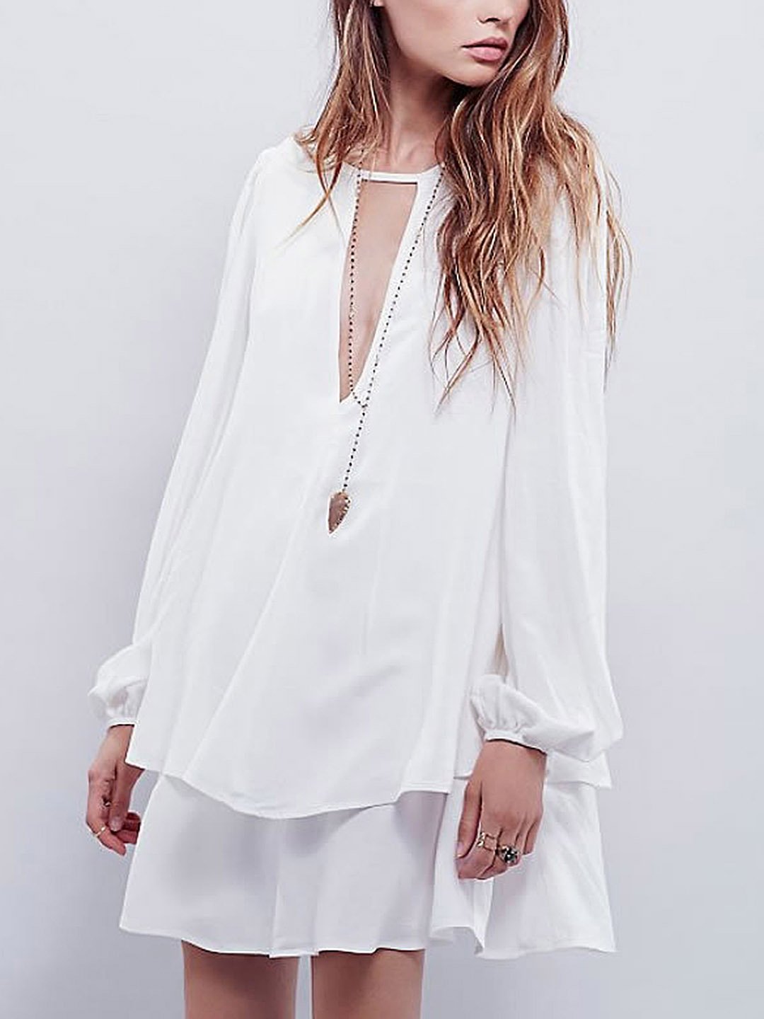 Wholesale White Swing Plunge Neck Layered Mini Dress
