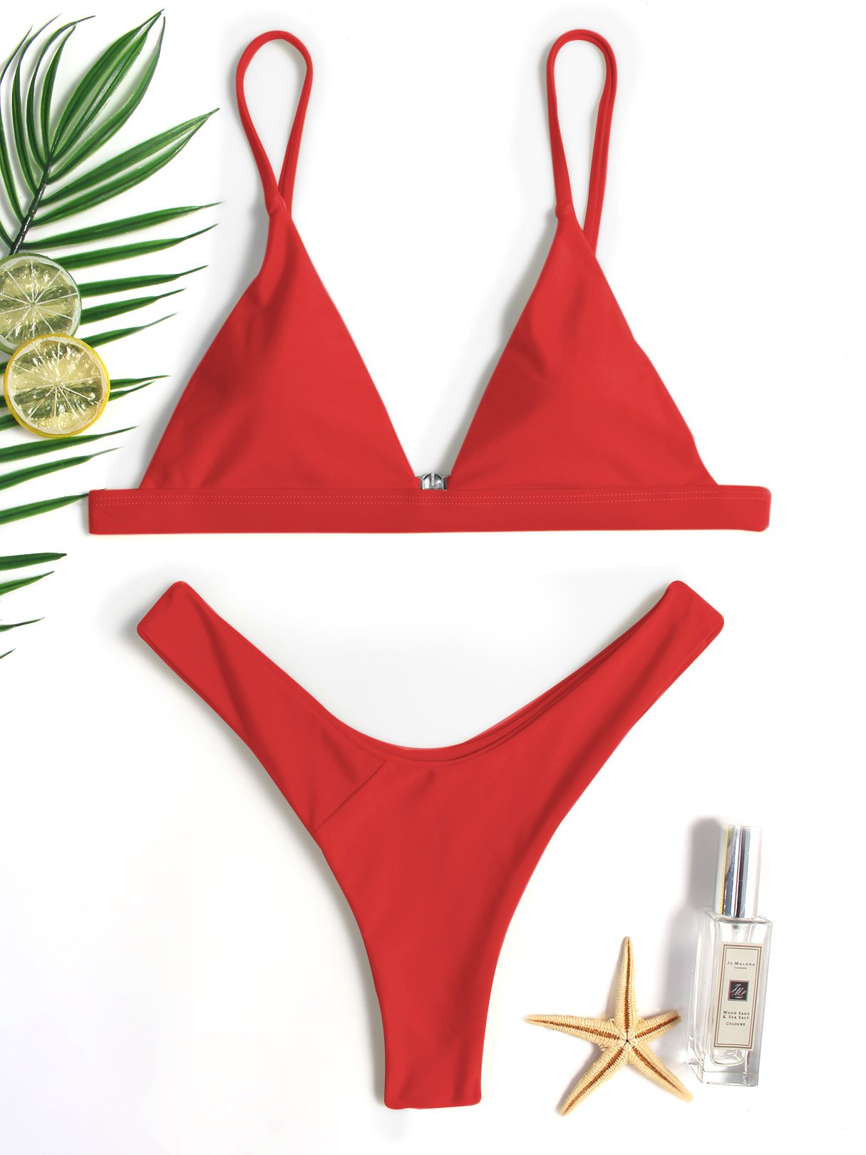 Wholesale Red Deep V Neck Sleeveless Plain Spaghetti Strap 2 Piece Bikinis
