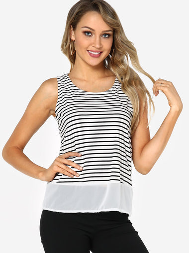 Wholesale Round Neck Stripe Sleeveless Stitching Hem Black Tank Top