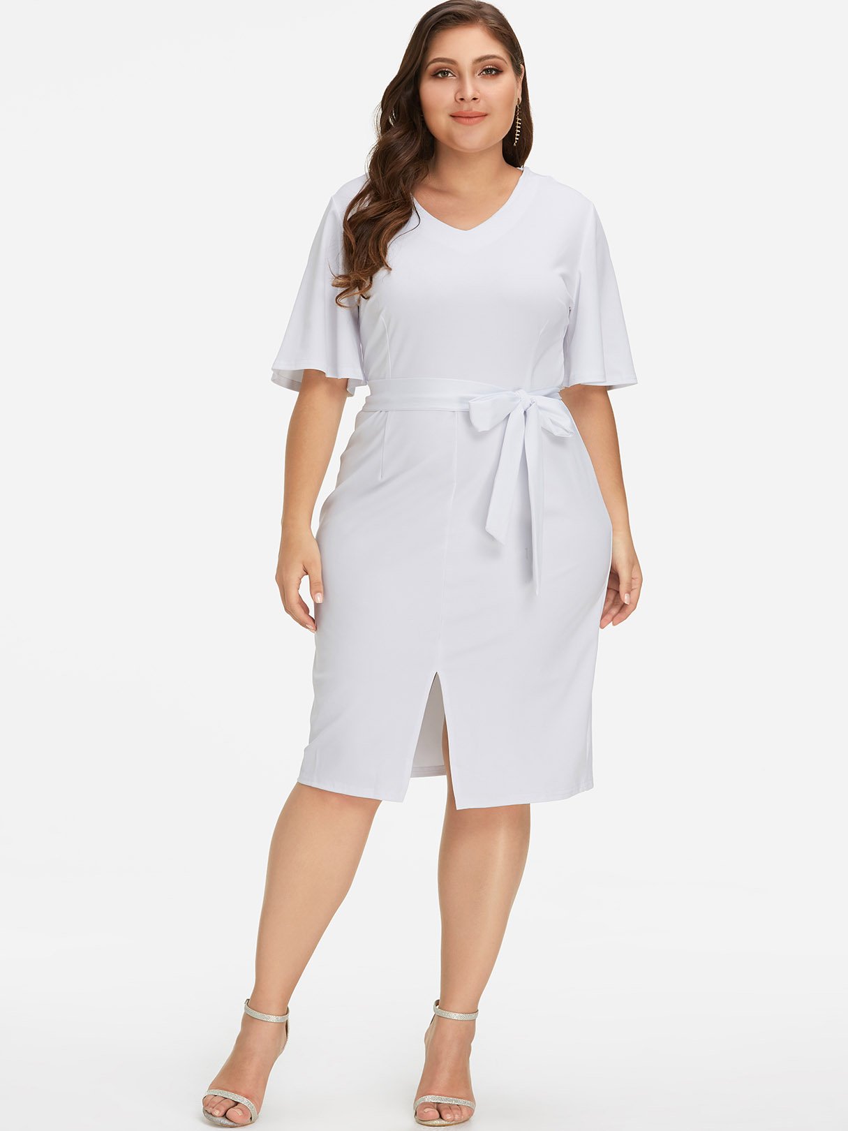 Wholesale V-Neck Plain Self-Tie Half Sleeve Slit Hem White Plus Size Dress