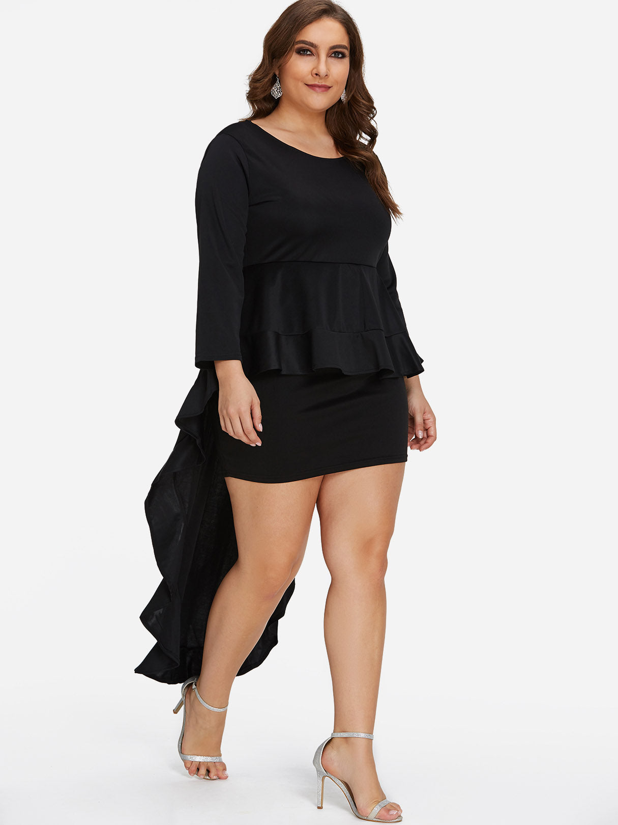 Wholesale Round Neck Plain Tiered Ruffle Trim Long Sleeve Black Plus Size Dress