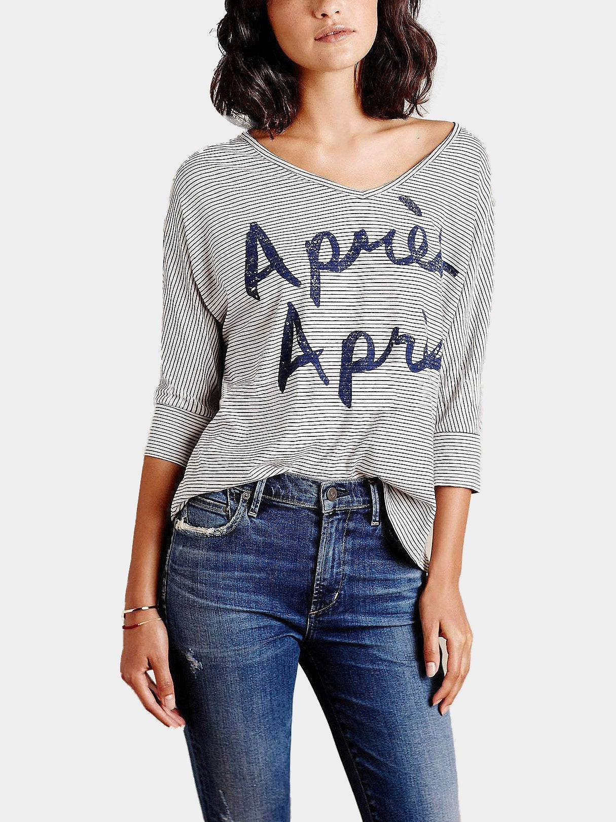 Wholesale V-Neck Stripe Long Sleeve Top With Latter Print