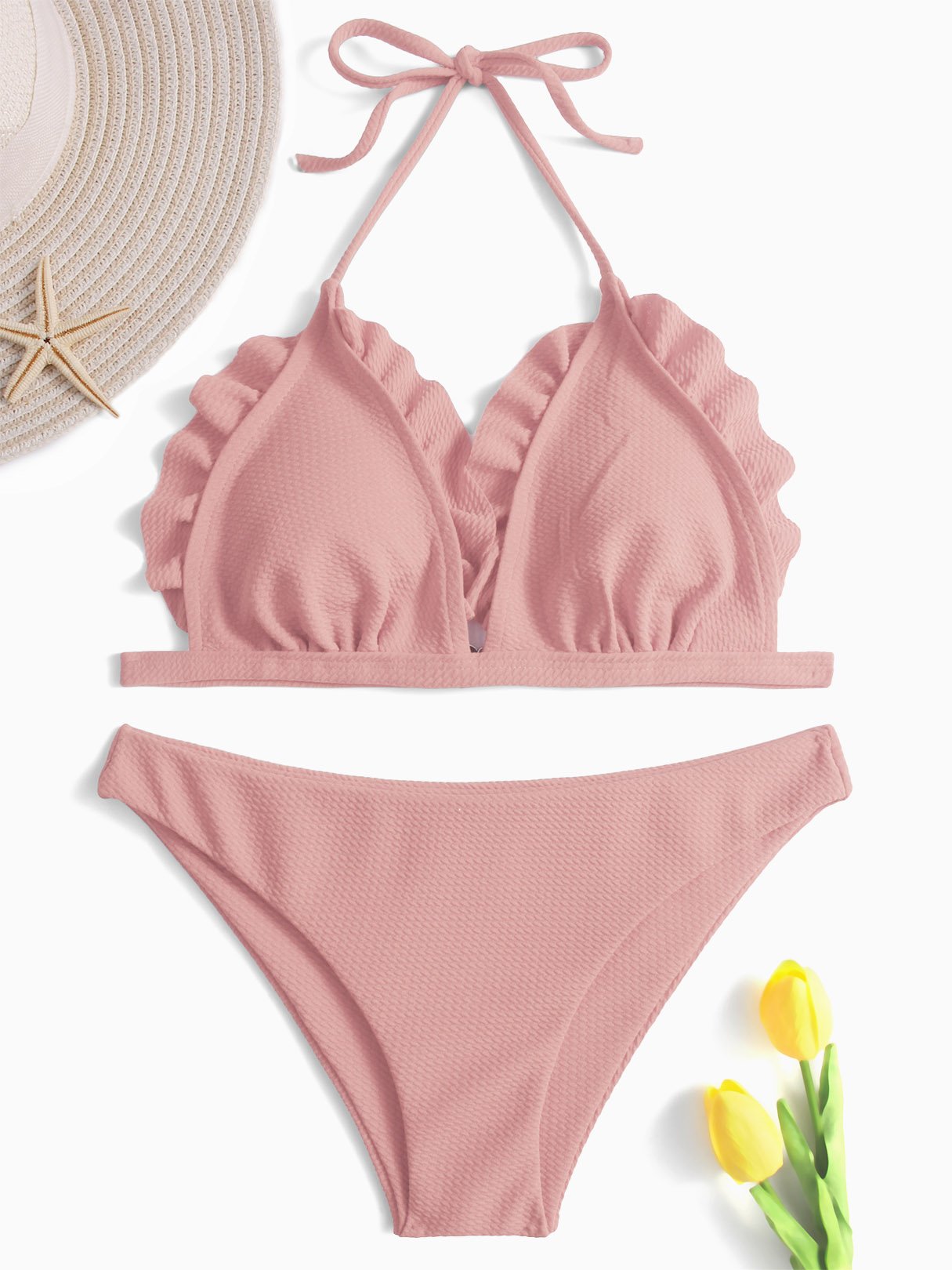 Wholesale Pink Halter V-Neck Sleeveless Backless Bodycon Two Piece Bikinis