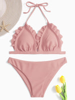 Wholesale Pink Halter V-Neck Sleeveless Backless Bodycon Two Piece Bikinis